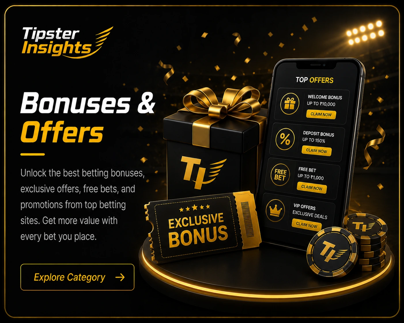 Betting bonuses and offers category card with exclusive sportsbook promotions and bonus graphics