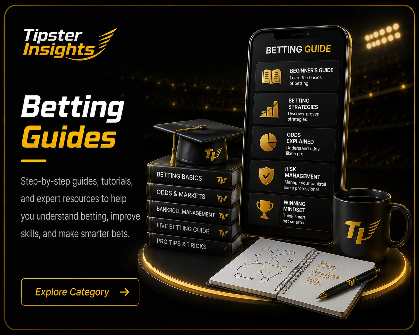 Betting guides category banner with sportsbook tutorials and betting education graphics