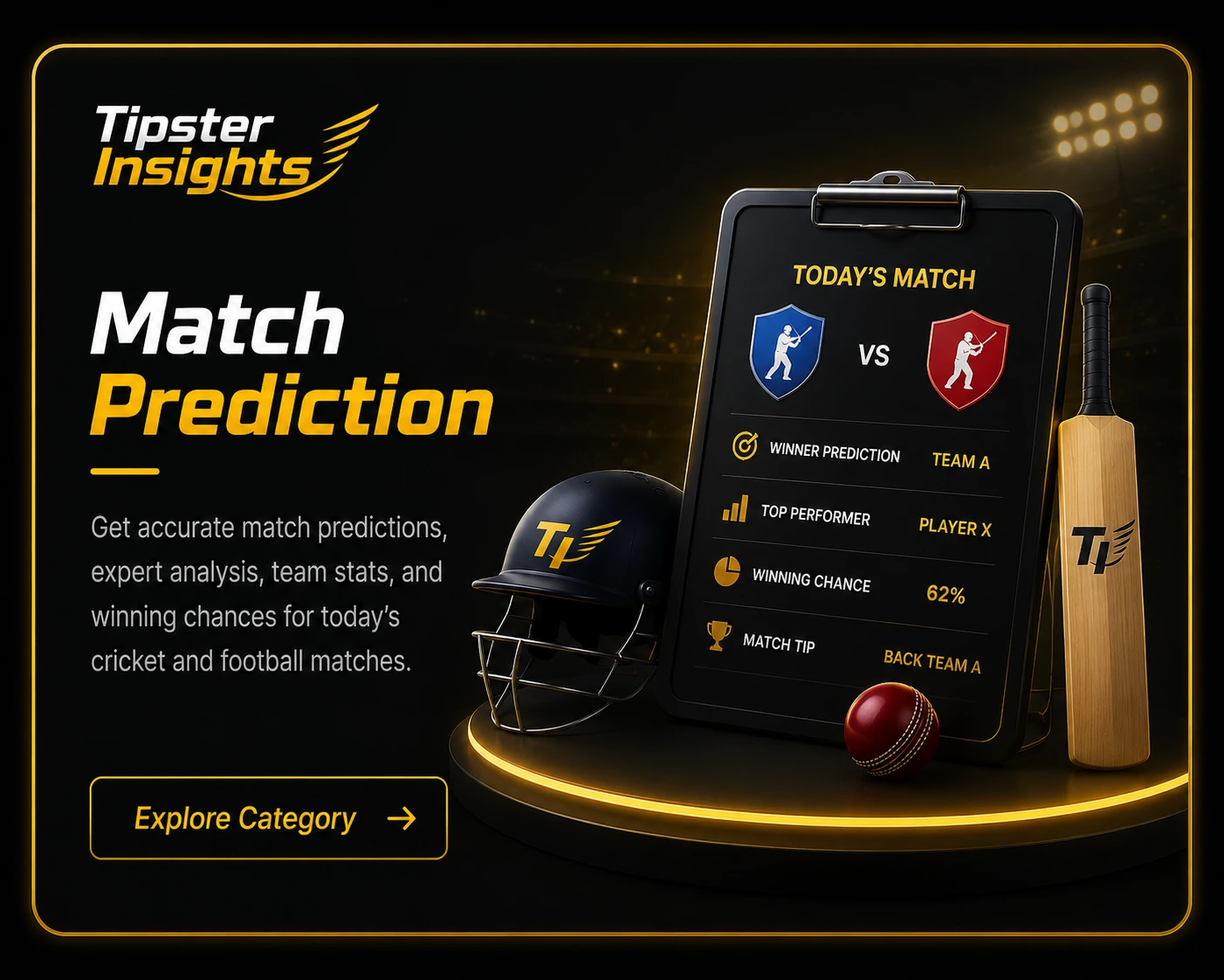 Match prediction category card with cricket analysis dashboard and sports betting graphics
