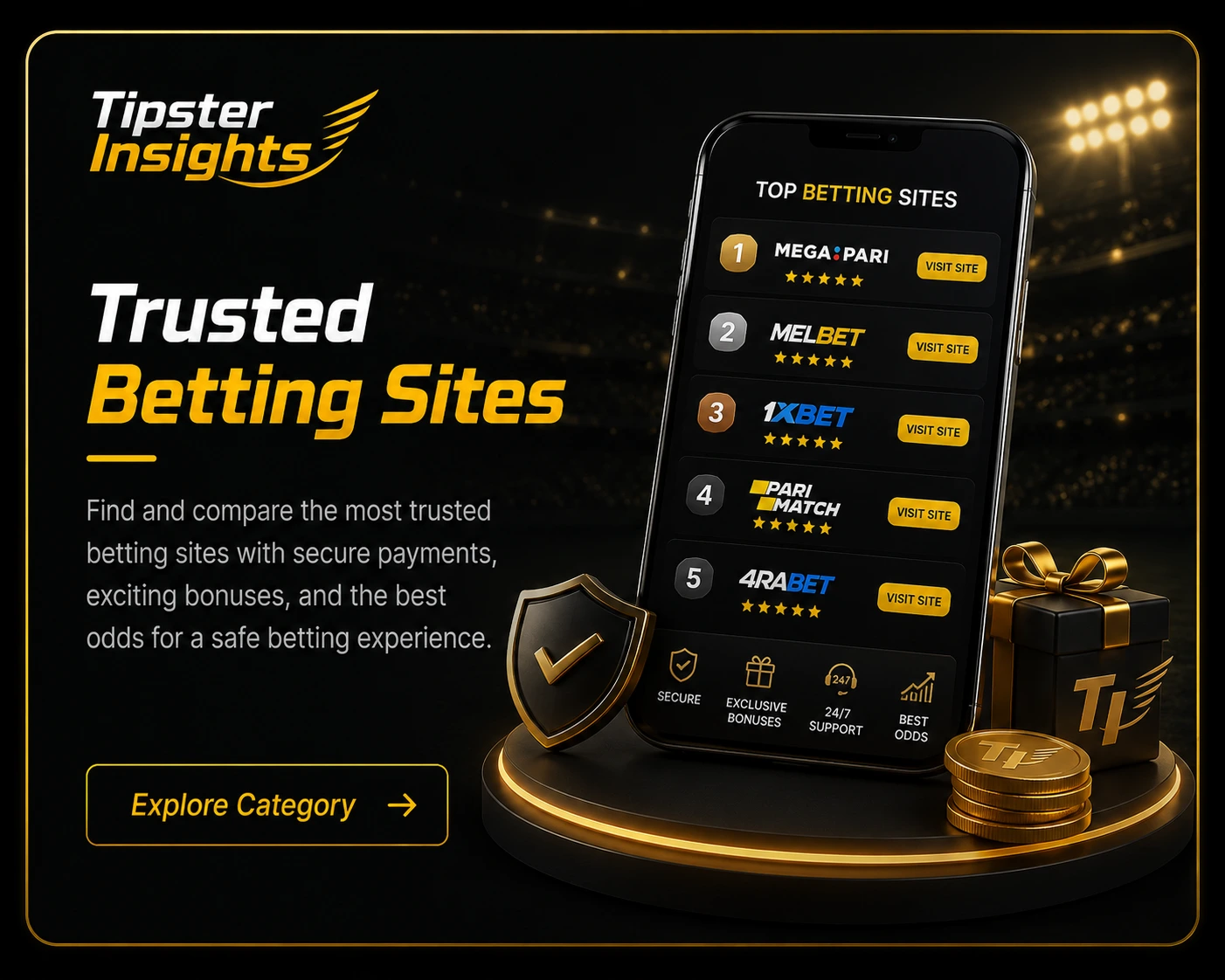 Trusted betting sites promotional card with sportsbook rankings and secure betting platform visuals